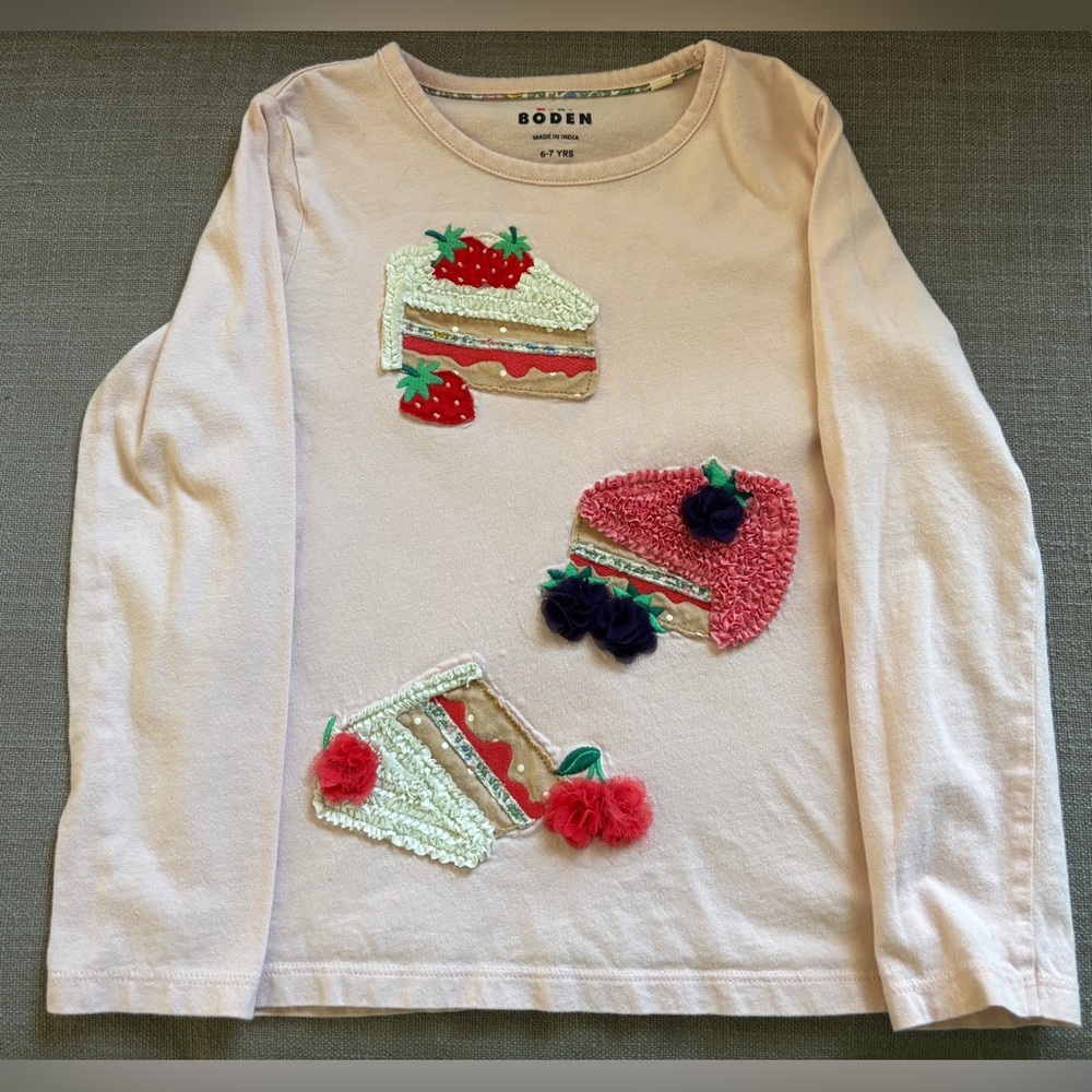 Mini Boden Appliqué Long Sleeve Top, Chalk Pink Cakes, 6-7y